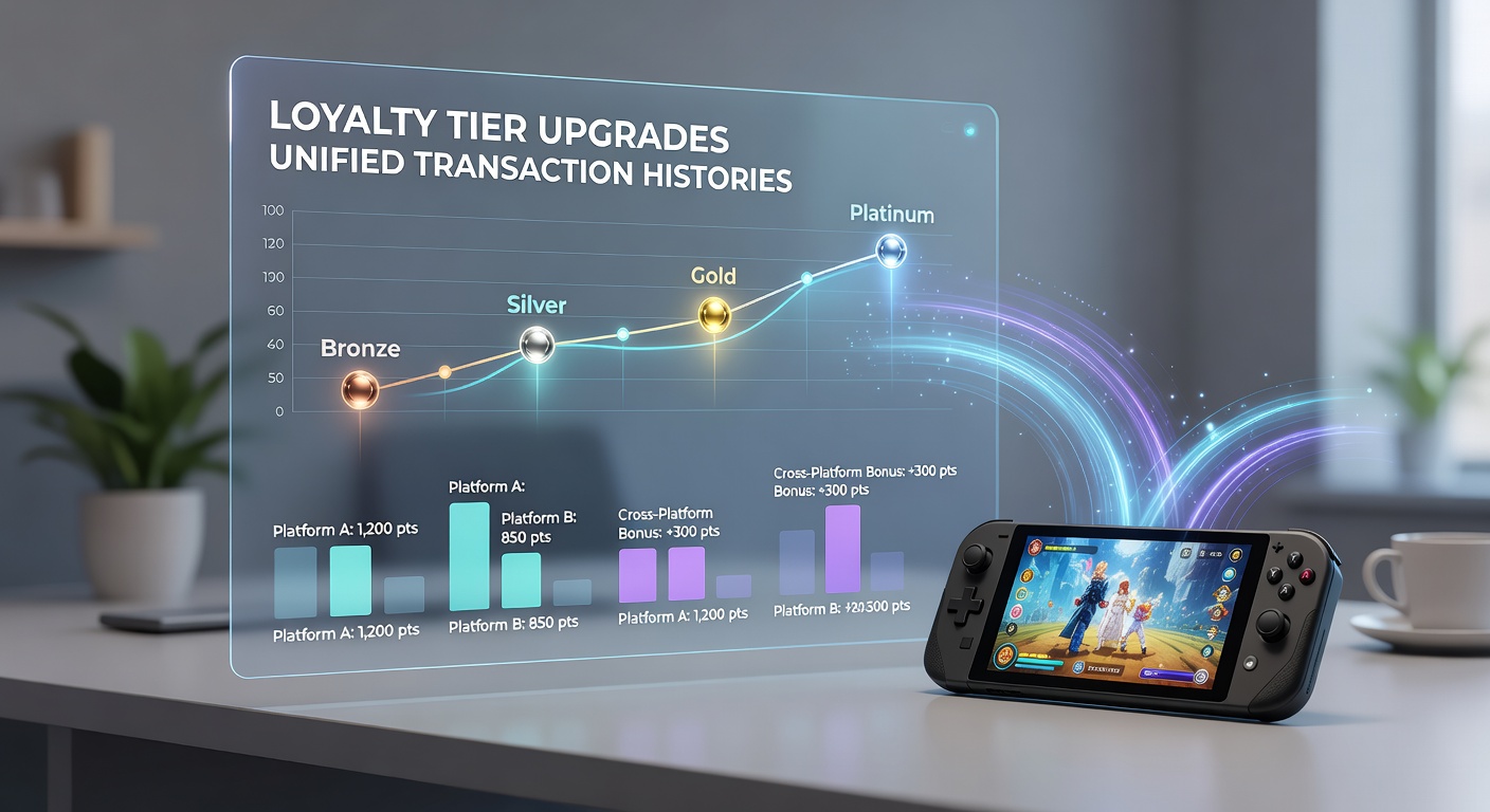 Illustration of mobile gaming loyalty tiers and transaction data flows across portable devices