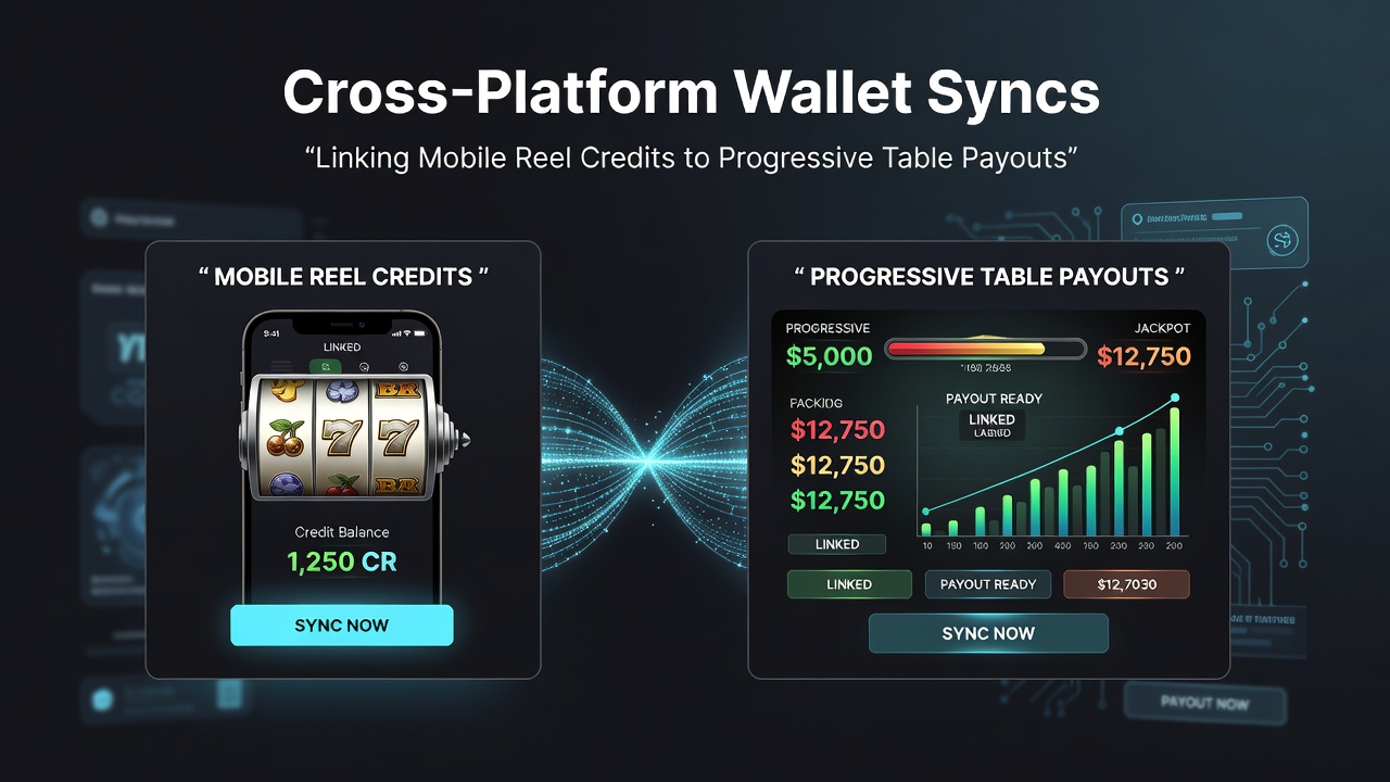 Cross-platform wallet interface showing mobile reel credits transferring to progressive table game balances