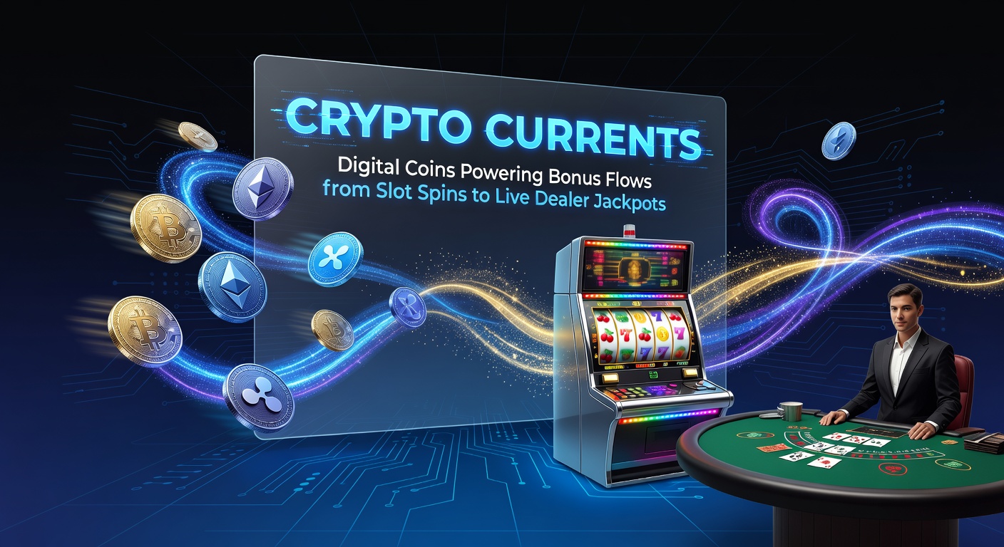 Vibrant digital illustration of cryptocurrency icons flowing from slot machine reels into a live dealer blackjack table, symbolizing seamless bonus transfers
