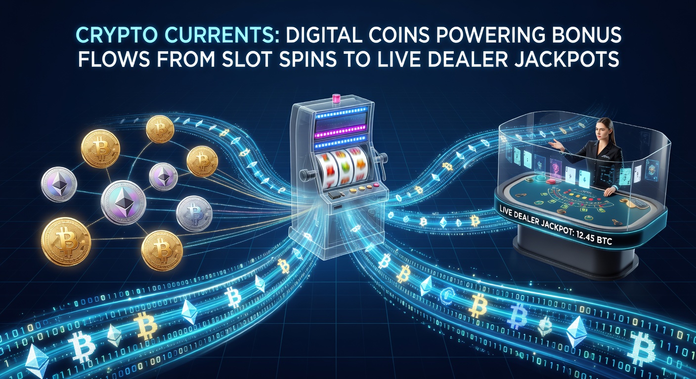Dynamic graphic showing Bitcoin and Ethereum symbols bridging slot machine payouts to a live dealer roulette wheel, highlighting fast crypto transactions
