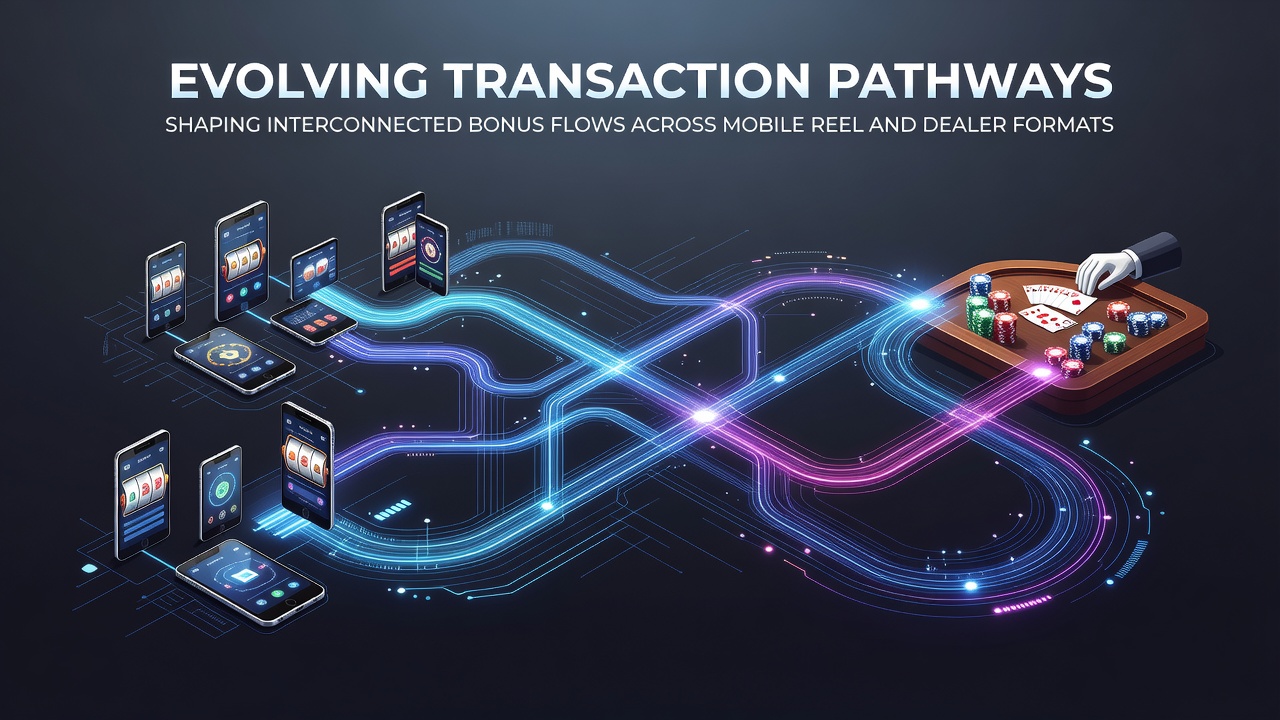 Digital transaction flow diagram illustrating bonus credits moving from mobile slots to live dealer tables through expanded payment networks