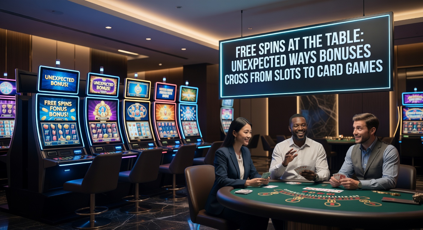 Vibrant casino scene showing slot reels transitioning into a blackjack table with glowing bonus icons bridging the two games