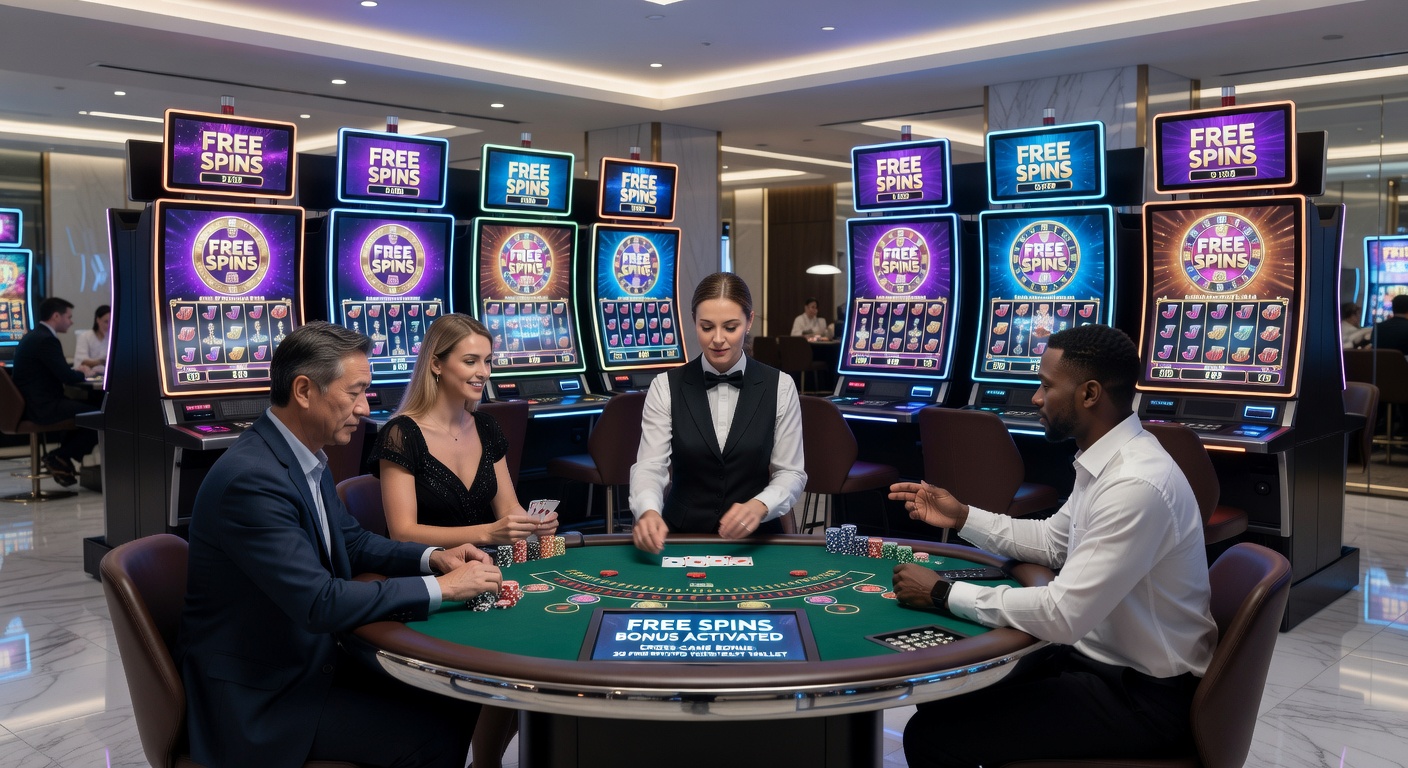 Dynamic graphic of free spin icons morphing into playing cards and roulette chips on a digital casino interface