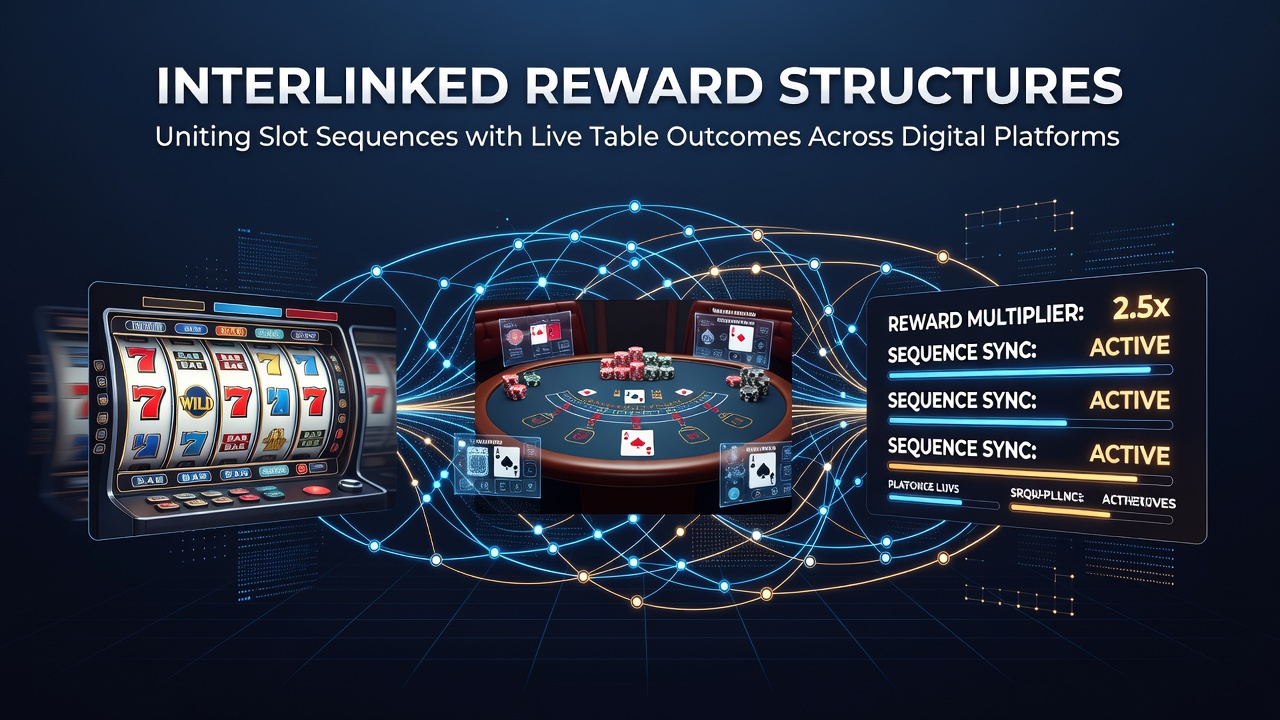 Digital interface showing interconnected slot reel sequences feeding into live table game outcomes on a casino platform