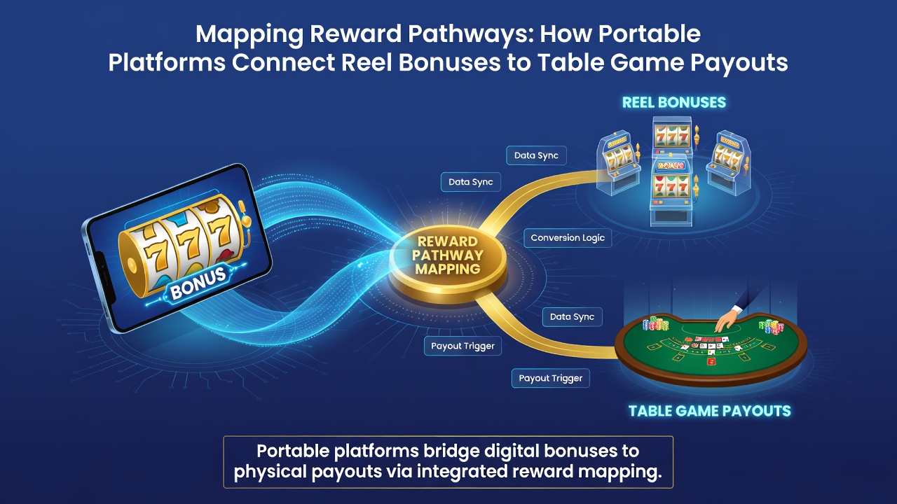 Illustration of portable device screens displaying seamless bonus transfers from slot reels to live table game interfaces
