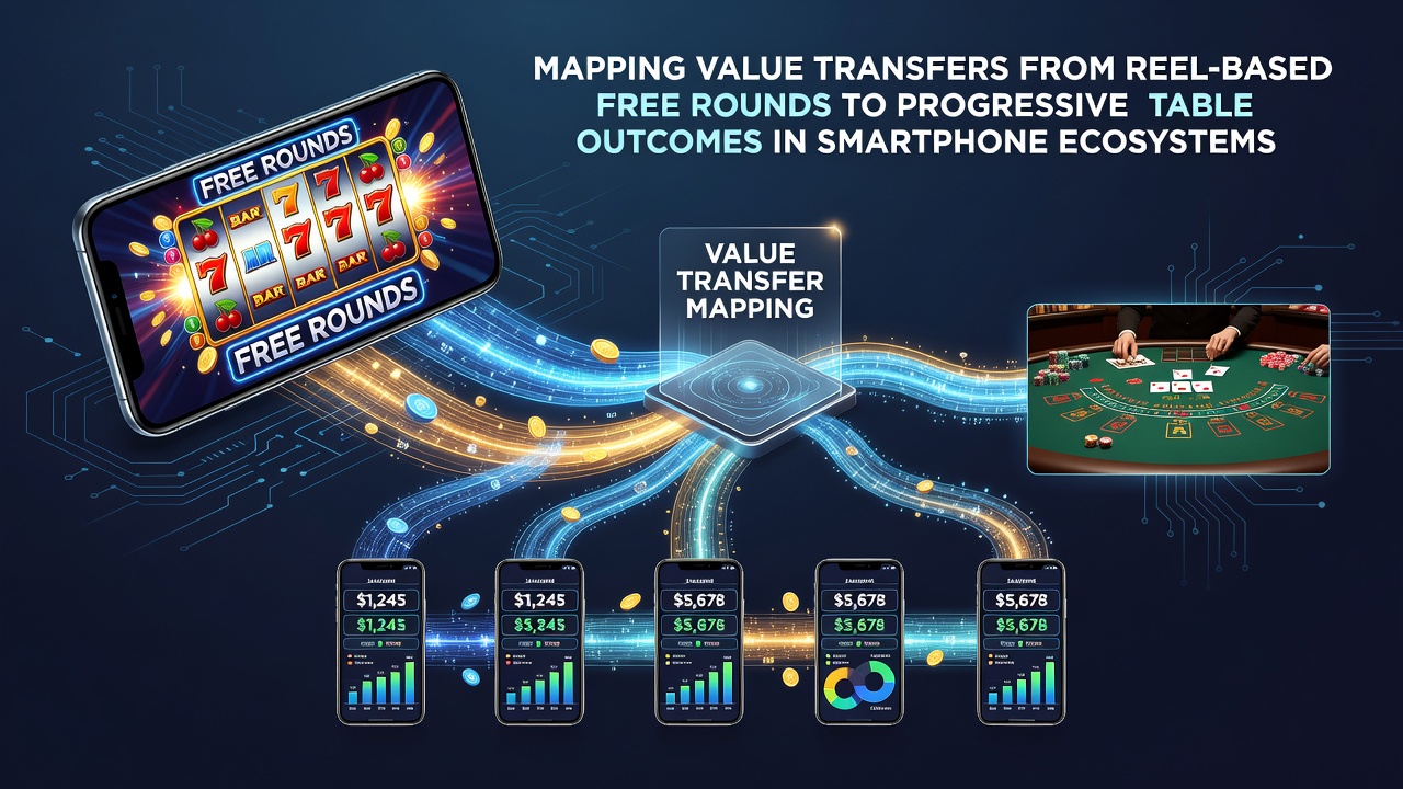 Mobile app dashboard showing value flow arrows from slot bonuses to progressive table jackpot meters