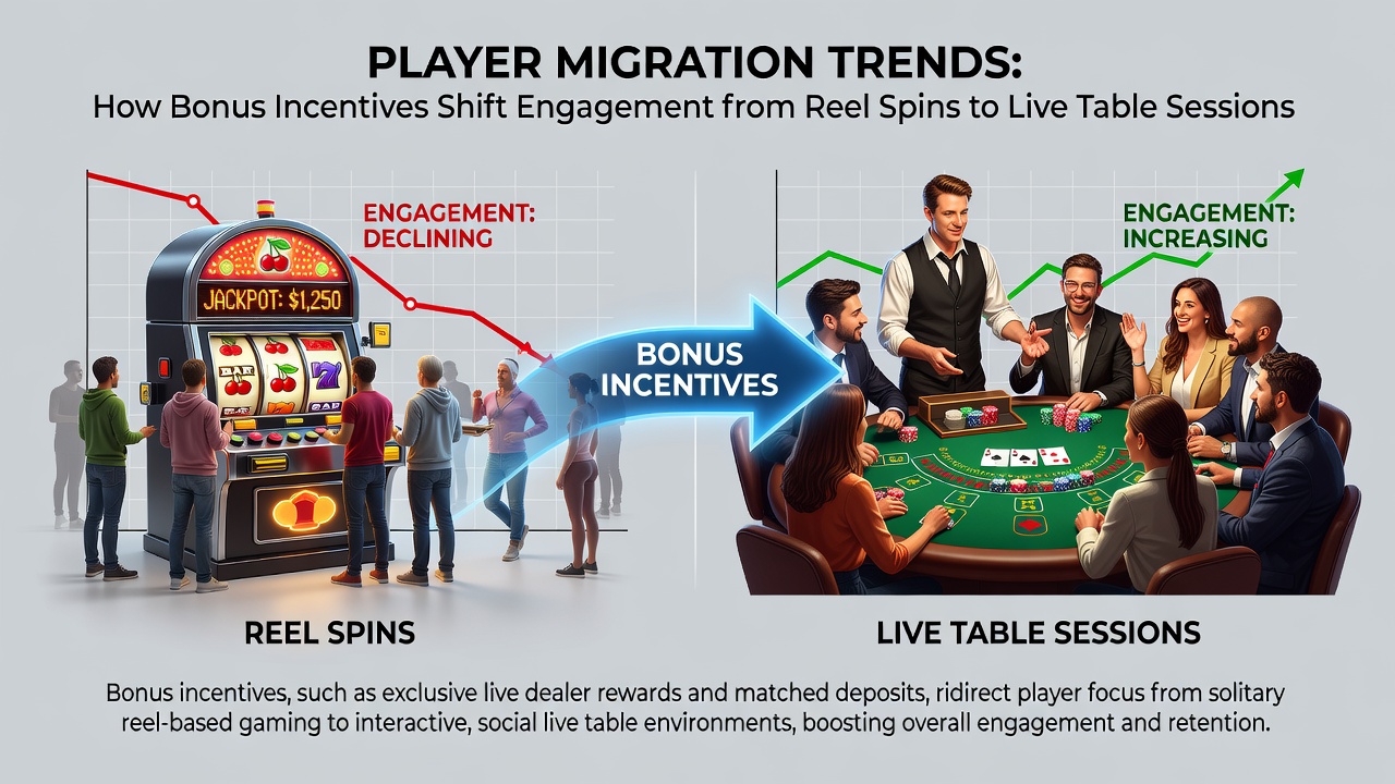 Analytics dashboard displaying player migration from mobile slots to live tables with bonus incentive overlays