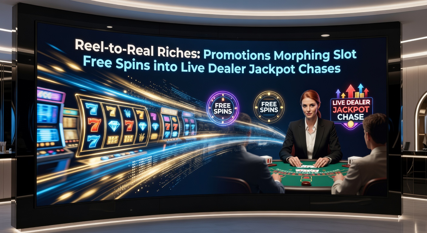 Vibrant graphic showing slot machine reels morphing into a live dealer blackjack table with jackpot lights flashing