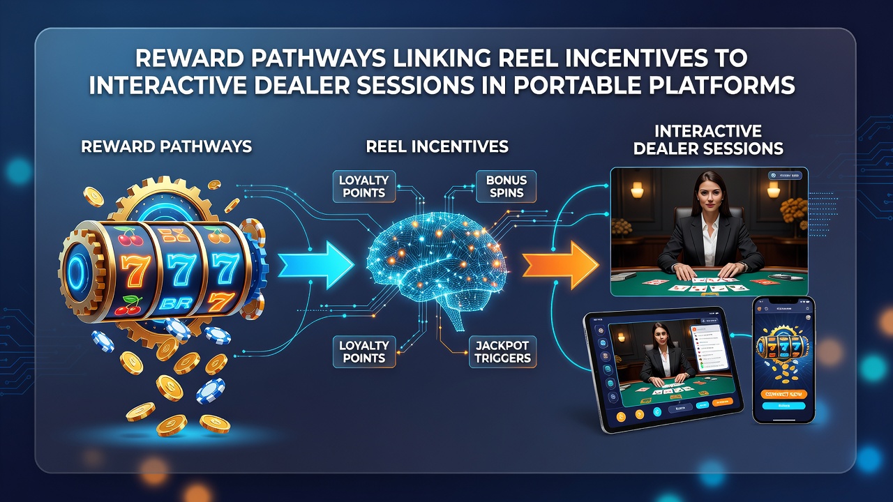 Diagram of reward flow from mobile slot games to live dealer blackjack with point conversion arrows