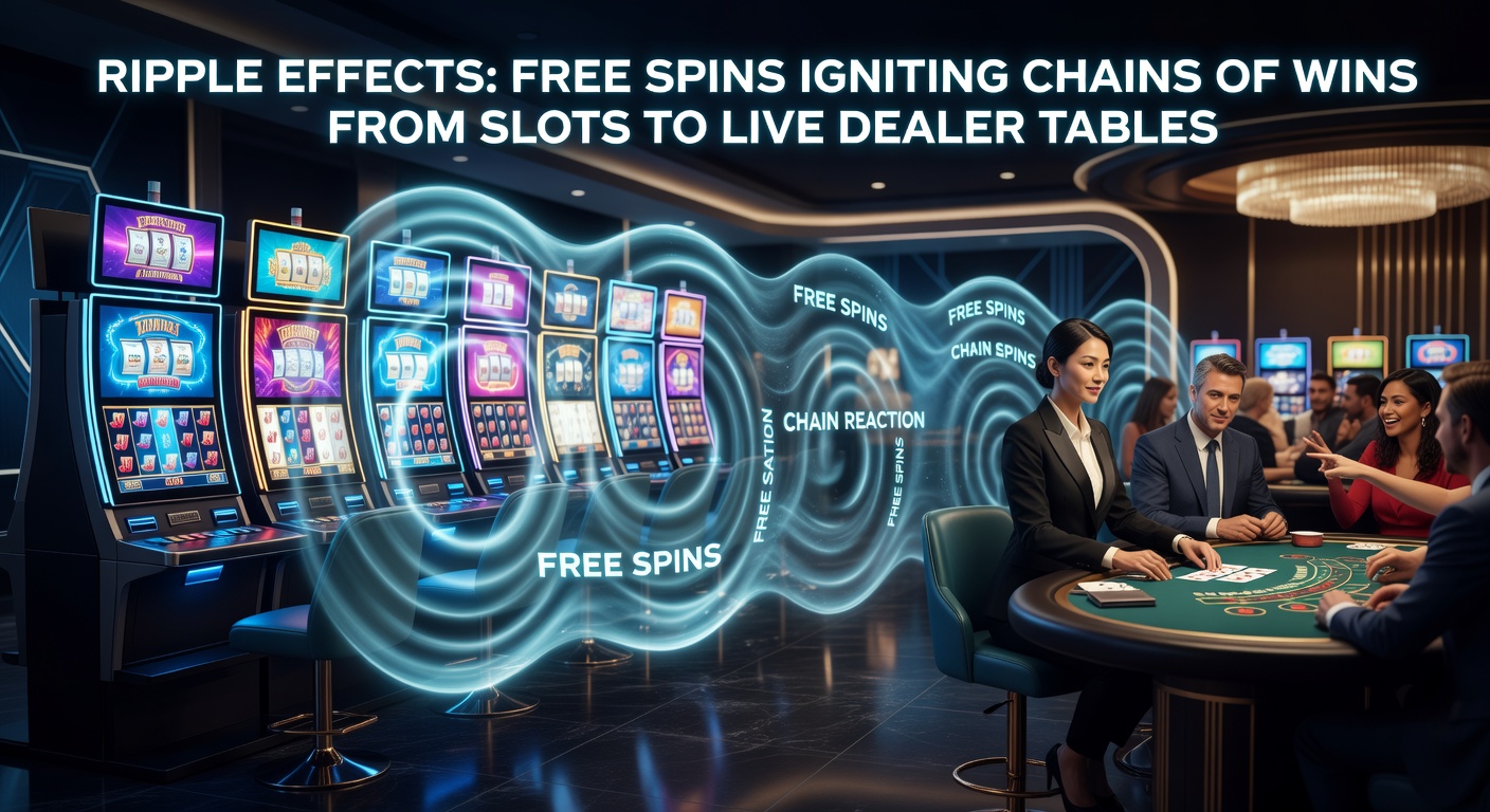 Vibrant slot reels bursting with free spin symbols transitioning into a lively live dealer blackjack table with stacking chips