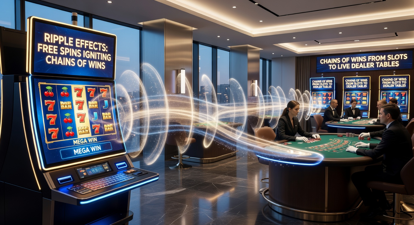 Animated chain of golden coins flowing from exploding slot symbols across a network to a bustling live dealer poker table piled high with jackpots