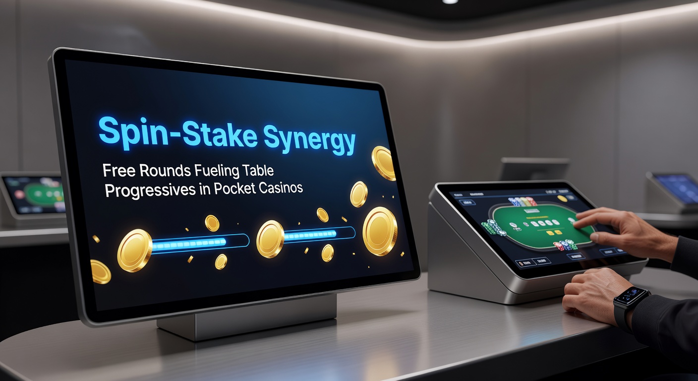 Dynamic graphic showing slot reels spinning free rounds that cascade into glowing table game progressive jackpots on a mobile screen, symbolizing seamless integration in pocket casinos