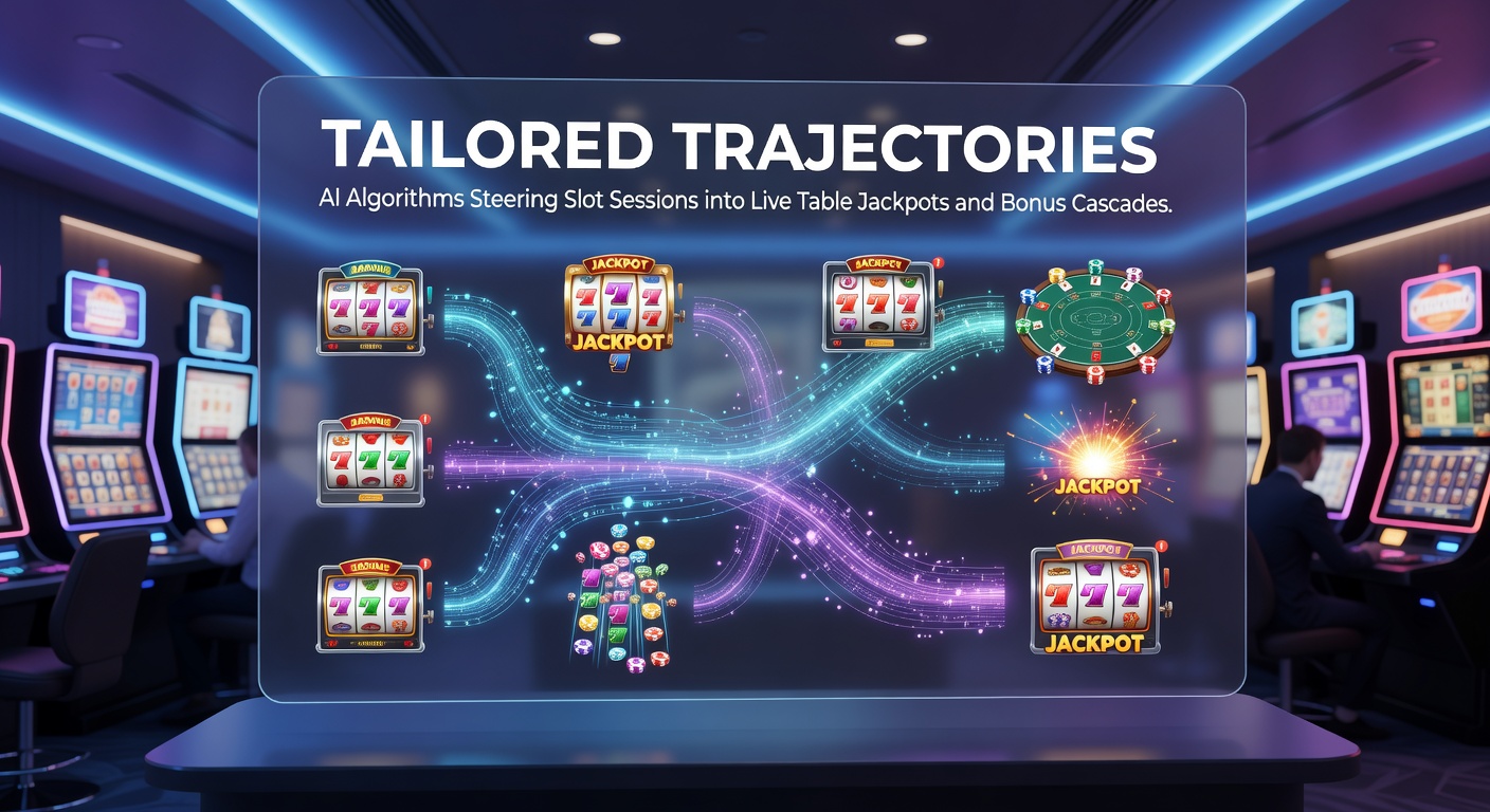 Digital visualization of AI pathways connecting colorful slot reels to live dealer blackjack tables, with glowing trajectories linking spins to jackpot cascades