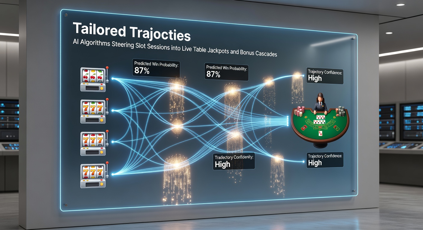 Screenshot of an AI dashboard displaying player trajectories from slot games to live baccarat tables, with cascading bonus icons and jackpot meters filling up