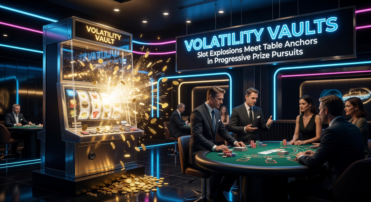 Dynamic graphic showing exploding slot reels merging into stable table game progressives with rising jackpot meters