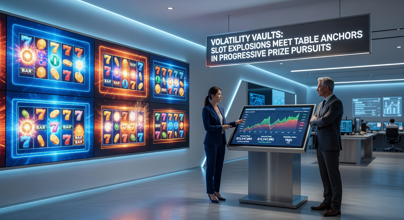 Close-up of a volatility vault interface displaying slot explosion triggers feeding into table game progressive bars with jackpot counters ticking upward