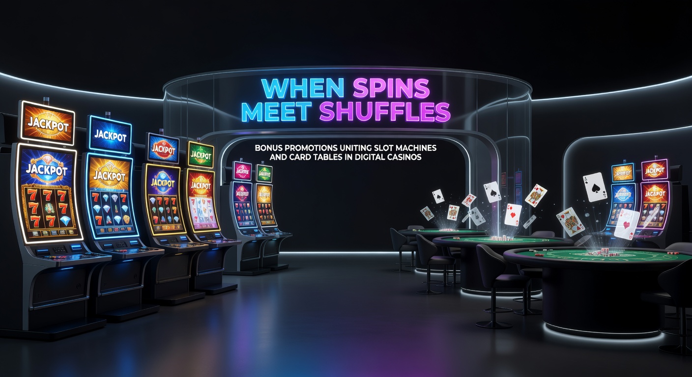 Vibrant digital casino interface showing slot reels spinning alongside a blackjack table, with bonus icons bridging the two games